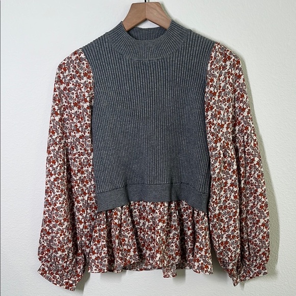 THML Knit Sweater Floral Mixed Media Pullover Top Size Small - Picture 1 of 5